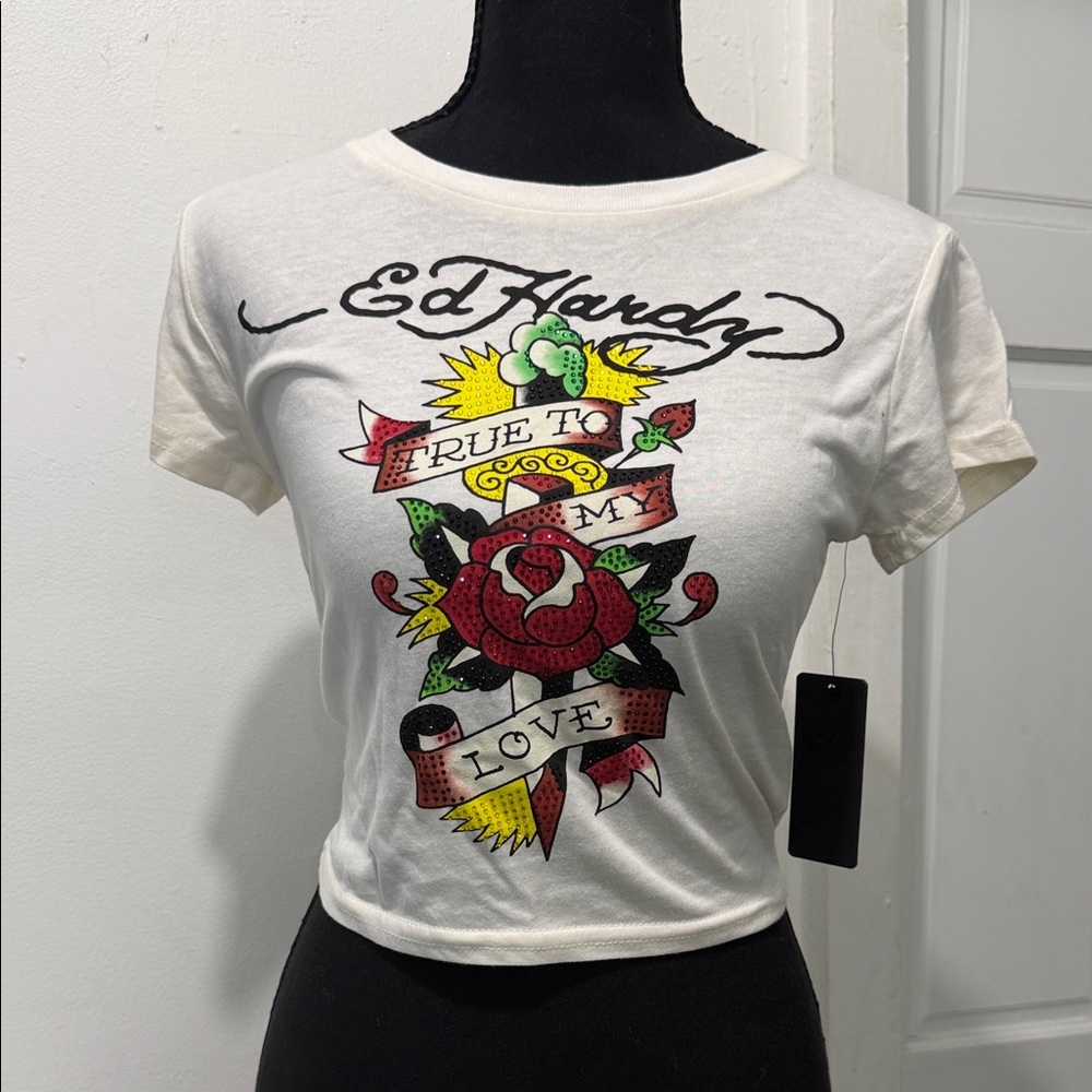 Ed Hardy White Graphic Rose Banner Crop Tee
